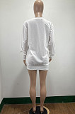 White Euramerican Women Pure Color Long Sleeve Round Collar Loose Waist Mini Dress AMM8365-1