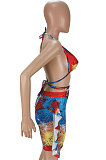 Colorful Euramerican Women Sexy Bandage Hallter Neck Backless Printing Shorts Sets ANK06023