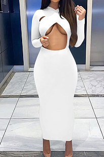 White Sexy Cotton Blend Long Sleeve Strapless Hollow Out Solid Color Bodycon Dress DR88122-4