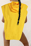 Yellow Women Sexy Hooded Sleeveless Solid Color Fleece Irregular Tops KF300-3