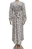 Euramerican Women Long Sleeve Printing Swing Split Long Dress YZ2458