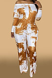 Yellow Women Fashion Casual High Waist Long Pants Printing Jumpsuit OMY80050-1
