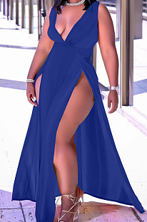 Blue Sexy Wholesal Sleeveless Deep V Neck Personality Slim Fitting Long Dress WA7205-3