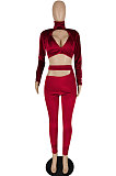 Wine Red Pleuche Women Long Sleeve Strapless High Waist Bodycon Pants Sexy Two-Piece E8551-2