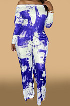 Blue Women Fashion Casual High Waist Long Pants Printing Jumpsuit OMY80050-2