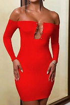 Red Women Sexy Solid Color Strapless Pin Mini Dress ANK06022-1
