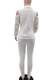 White Modest Sexy Lace Spliced Long Sleeve Lapel Neck Coat Long Pants Solid Color OL Sets TK6197-5