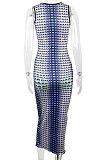 Blue Sleeveless Printing Round Collar Hip Bodycon Skinny Midi Dress JY296613