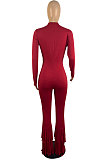 Red Simple New Long Sleeve Stand Neck Zipper Collect Waist Tassel Wide Leg Jumpsuits E8614-1