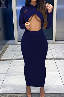 Navy Blue Sexy Cotton Blend Long Sleeve Strapless Hollow Out Solid Color Bodycon Dress DR88122-5