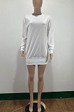 White Euramerican Women Pure Color Long Sleeve Round Collar Loose Waist Mini Dress AMM8365-1