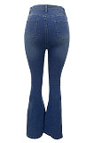 Blue Autumn Winter Women Hole Tight Mid Waist Flare Leg Pants LD81047