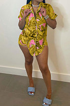 Yellow Women Fashion Printing Irregular Bandage Shorts Sets OMY80038-2