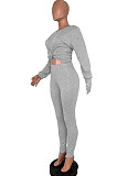 Black Women Pure Color Long Sleeve Round Collar Fashion Sport Pants Sets AMM8191-3