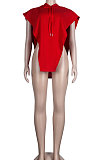 Red Women Sexy Hooded Sleeveless Solid Color Fleece Irregular Tops KF300-2
