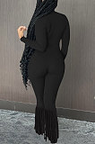 Black Simple New Long Sleeve Stand Neck Zipper Collect Waist Tassel Wide Leg Jumpsuits E8614-2