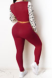 Red Euramerican Fshion Casual Crop Round Collar Long Sleeve Color Matching Pants Sets KF232-1