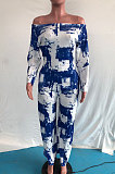 Blue Women Fashion Casual High Waist Long Pants Printing Jumpsuit OMY80050-2