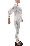 White Modest Sexy Lace Spliced Long Sleeve Lapel Neck Coat Long Pants Solid Color OL Sets TK6197-5