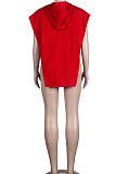 Red Women Sexy Hooded Sleeveless Solid Color Fleece Irregular Tops KF300-2