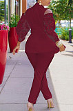 Red Modest Sexy Lace Spliced Long Sleeve Lapel Neck Coat Long Pants Solid Color OL Sets TK6197-1