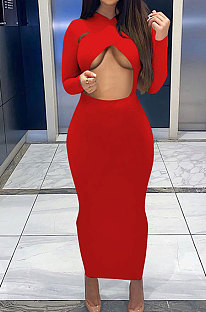 Red Sexy Cotton Blend Long Sleeve Strapless Hollow Out Solid Color Bodycon Dress DR88122-2