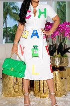 White Women Short Sleeve Sexy Trendy Letters Positioning Printing Tied Button Turn-Down Collar Midi Dress ATE65009