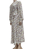 Euramerican Women Long Sleeve Printing Swing Split Long Dress YZ2458