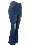 Blue Autumn Winter Women Hole Tight Mid Waist Flare Leg Pants LD81047
