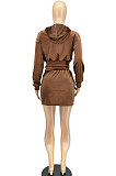 Black Women Fashion Long Sleeve Solid Color Zipper Hooded Tops Korea Velvet Pocket Skirts Sets AA5278-3
