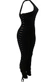 Black Women Oblique Shoulder Condole Belt Eyelet Bandage Pure Color Bodycon Jumpsuits LD81045-1