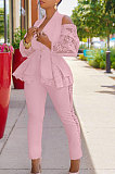 Pink Modest Sexy Lace Spliced Long Sleeve Lapel Neck Coat Long Pants Solid Color OL Sets TK6197-3