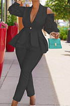Black Modest Sexy Lace Spliced Long Sleeve Lapel Neck Coat Long Pants Solid Color OL Sets TK6197-4