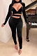 Black Pleuche Women Long Sleeve Strapless High Waist Bodycon Pants Sexy Two-Piece E8551-1