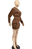 Coffee Women Fashion Long Sleeve Solid Color Zipper Hooded Tops Korea Velvet Pocket Skirts Sets AA5278-1