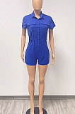 Blue Wholesal Women Short Sleeve Lapel Neck Single-Breasted With Pocket Elasticband Overall Jumpsuit  FH166-8
