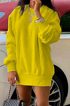 Yellow Euramerican Women Pure Color Long Sleeve Round Collar Loose Waist Mini Dress AMM8365-3