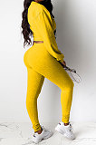 Yellow Women Pure Color Long Sleeve Round Collar Fashion Sport Pants Sets AMM8191-1