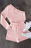 Pink Modest Autumn One Sleeve Oblique Shoulder Top Drawsting Shorts Casual Sets FH157-3