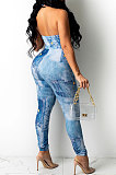 Light Blue Women Skinny Bandage Sexy Printing Hallter Neck Backless Bodycon Jumpsuits ANK06024