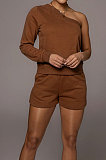 Khaki Modest Autumn One Sleeve Oblique Shoulder Top Drawsting Shorts Casual Sets FH157-5