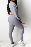 Gray Women Pure Color Long Sleeve Round Collar Fashion Sport Pants Sets AMM8191-2