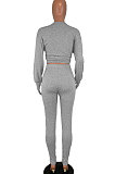 Gray Women Pure Color Long Sleeve Round Collar Fashion Sport Pants Sets AMM8191-2
