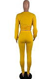 Yellow Women Pure Color Long Sleeve Round Collar Fashion Sport Pants Sets AMM8191-1