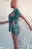Green Women Fashion Printing Irregular Bandage Shorts Sets OMY80038-1