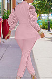 Pink Modest Sexy Lace Spliced Long Sleeve Lapel Neck Coat Long Pants Solid Color OL Sets TK6197-3