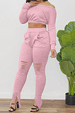 Pink Euramerican Women Trendy Solid Color Oblique Shoulder Tops Hole Pants Sets AA2034-1