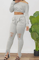 Gray Euramerican Women Trendy Solid Color Oblique Shoulder Tops Hole Pants Sets AA2034-2