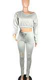Gray Euramerican Women Trendy Solid Color Oblique Shoulder Tops Hole Pants Sets AA2034-2