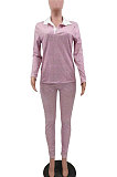 Pink Autumn Women Long Sleeve Lapel Neck Jumper Pencil Pants Loose Casual Sets TK6195-2